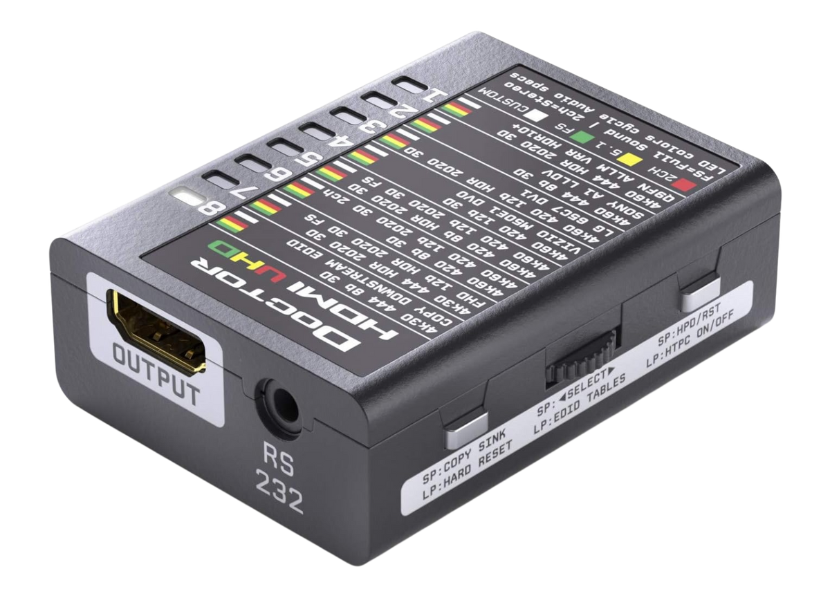 Dr HDMI 4K seen from the output end, with the UHD EDID bank table printed on the top of the unit