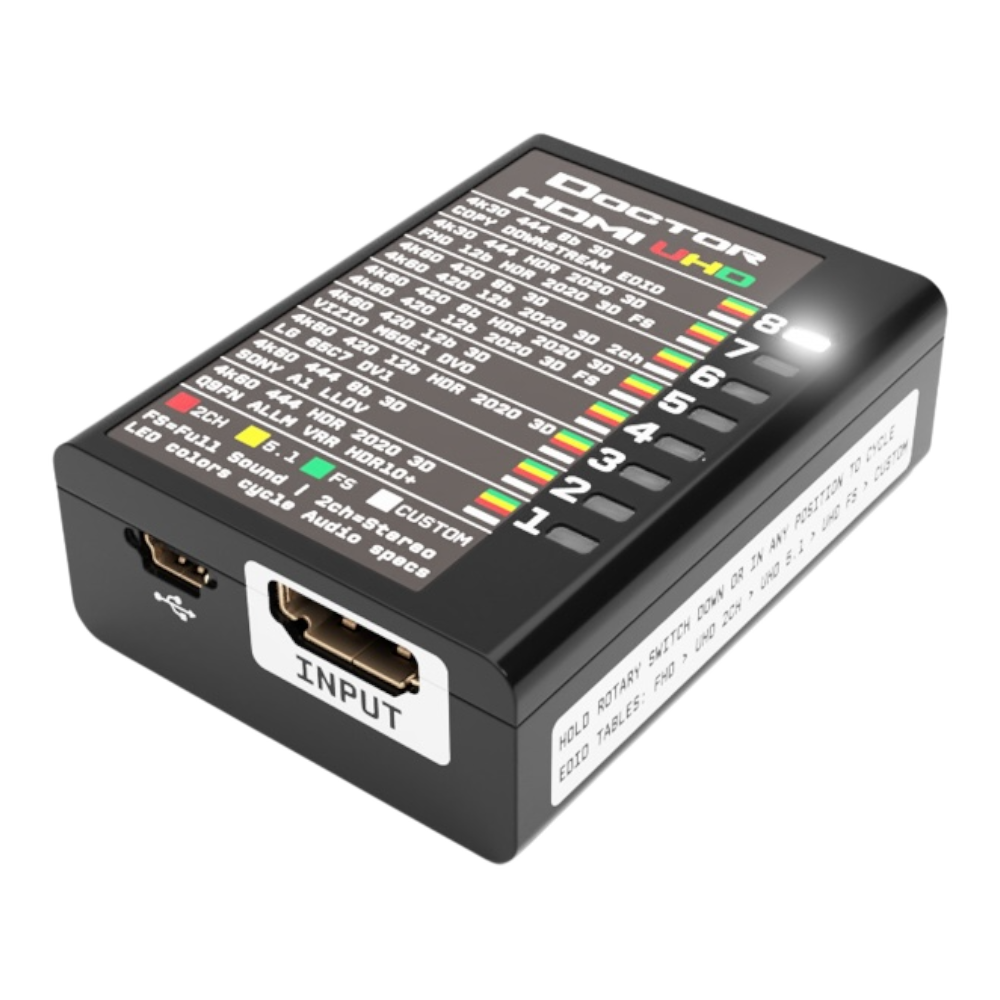 Dr HDMI 4K input side, with the HDMI input, the mini USB port and the UHD EDID table on top