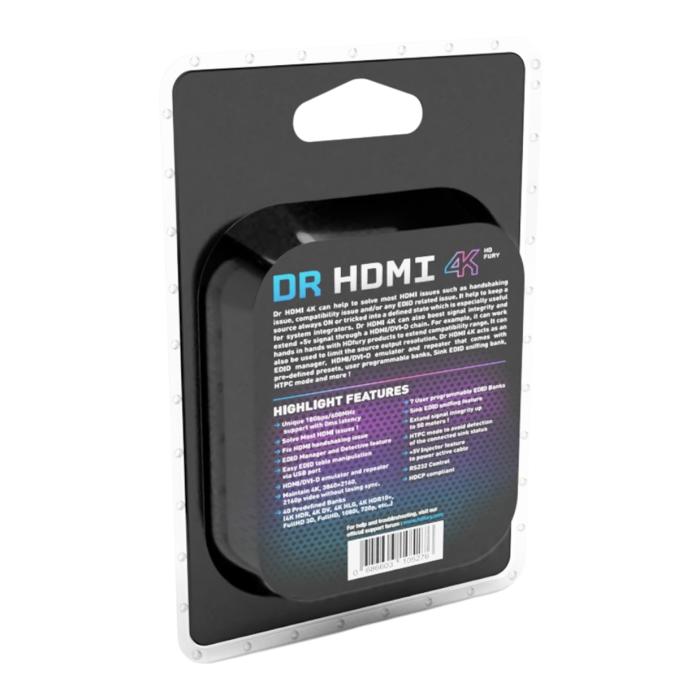 Dr HDMI 4K retail packaging, back, listing the specifications
